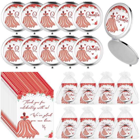 Menkxi 24 Sets Quinceanera Party Favors for Guests Mis Quince Compact Pocket Mirrors and Quinceanera Cards with Organza Bags for 15 Years Sweet Mis Quince Birthday Party Favor (Red)