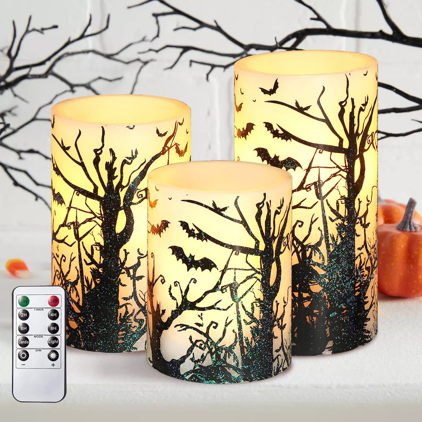 REVELBUNNY Halloween Flameless Candles Spooky Bats Decal LED Flickering Candles with Remote Timer, Battery Operated Real Wax Pillar Candle for Halloween Home Party Decoration, Set of 3