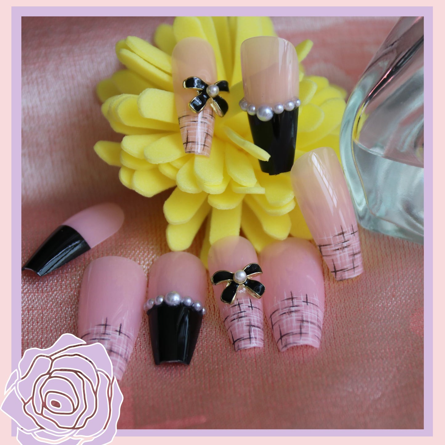 Black Bowknot Press on Nails Kit Floral French Tip Nails Pearl CC Press Ons Medium Pink Fake Nails Square