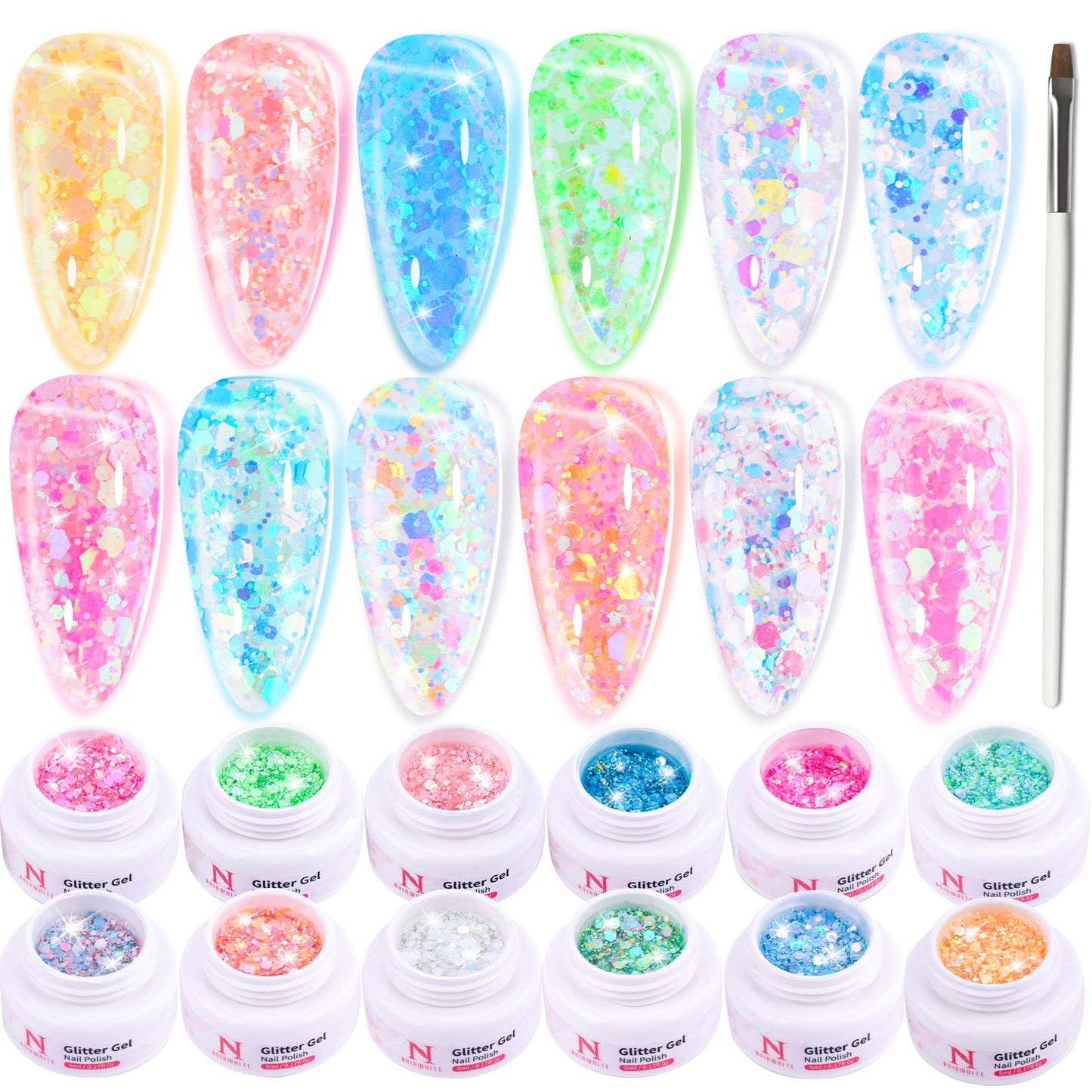 noirwhite Glitter Gel Nail Polish Set -12 Colors Sparkle Sequins Gel Polish Resplendent Colorful Trendy Translucent Glitter Solid Gel Nail Polish Kit Soak Off UV LED for Home DIY Salon with Brush