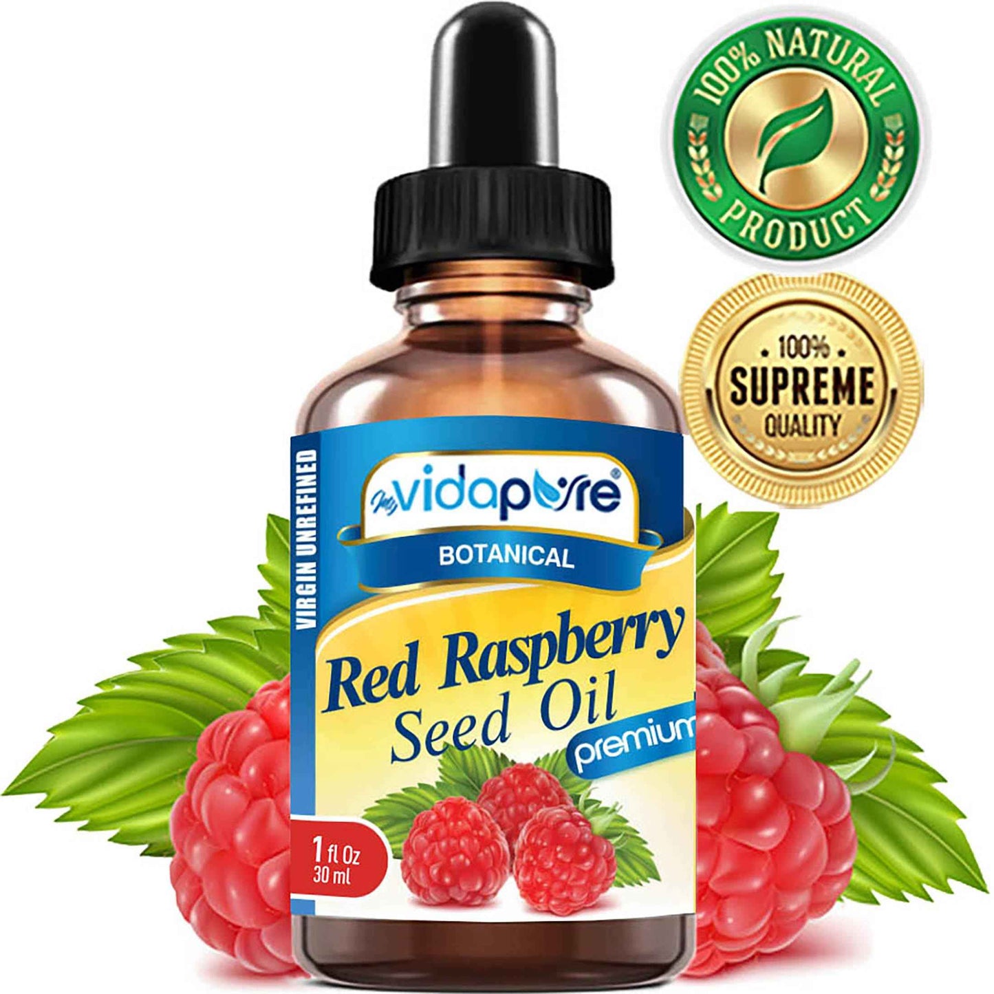 MYVIDAPURE RED RASPBERRY SEED OIL Rubus idaeus WILD GROWTH RAW 100% Pure VIRGIN UNREFINED Undiluted for Skin, Face, Hair, Lip and Nail Care. (1 Fl Oz)