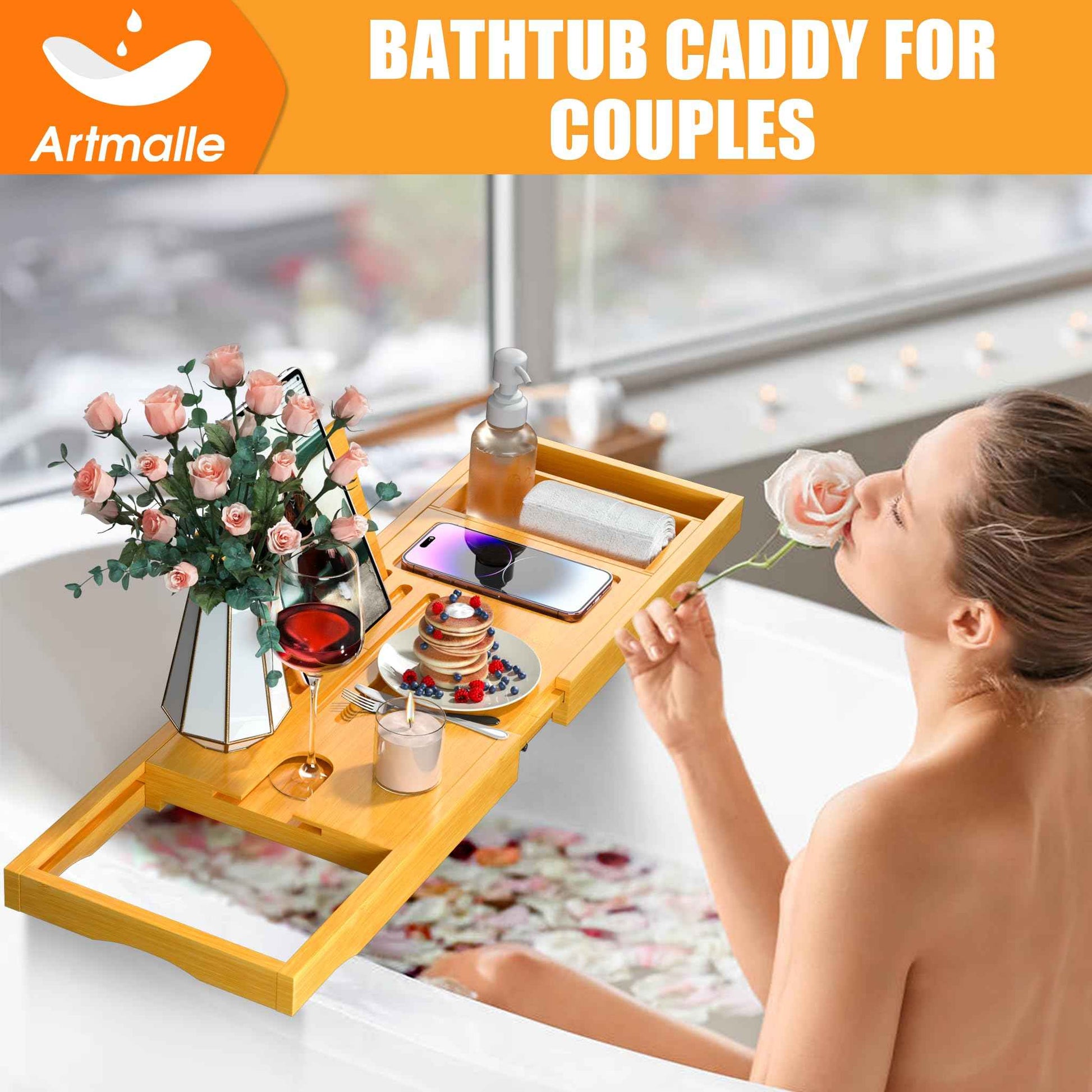 Artmalle Foldable Bathtub Tray for Tub, Bamboo Bathtub Caddy Tray Table with Book Stand for Luxury Bath, Bathroom Accessories for Women Men with Free Soap Dish (Semi-Simple, Natural) (Natural)