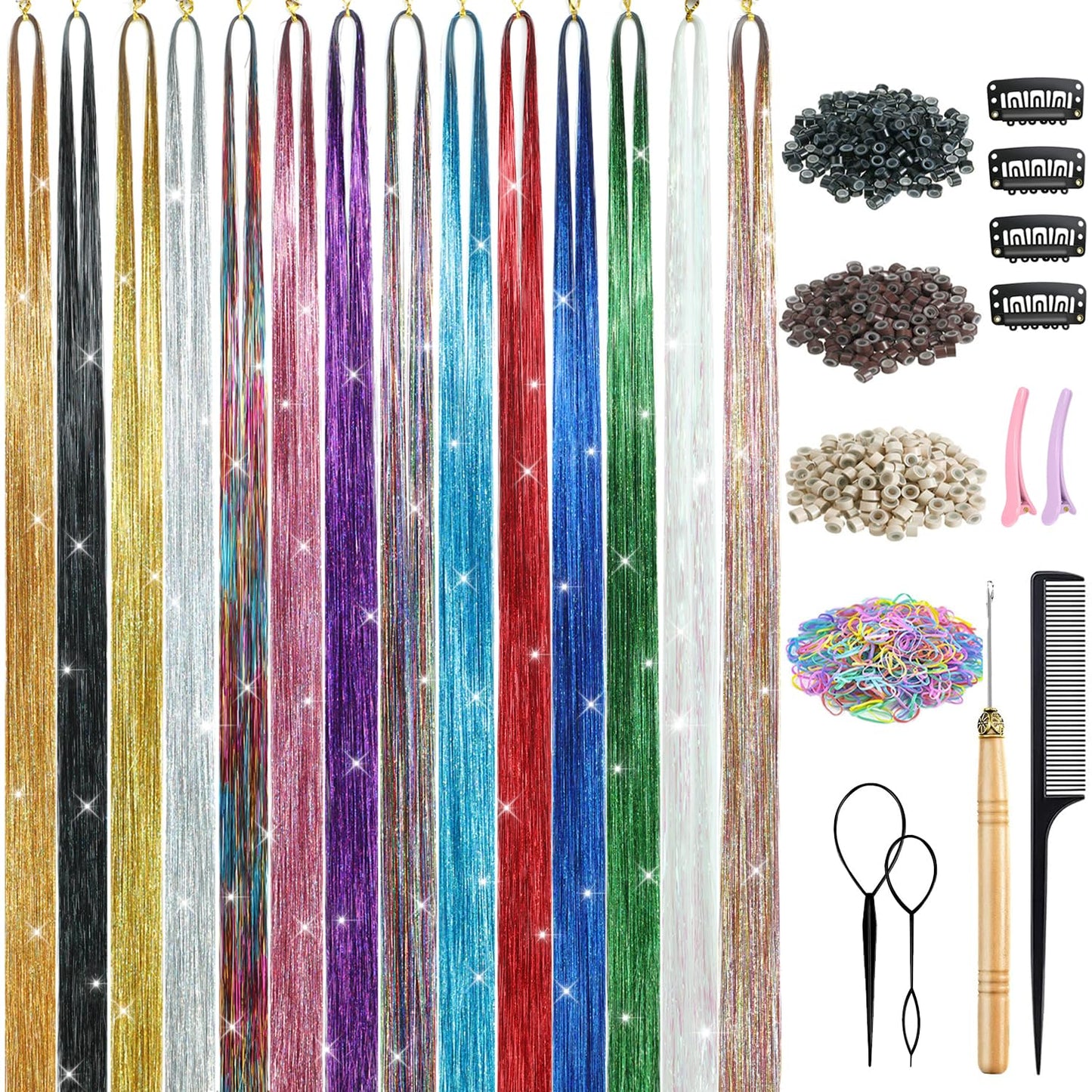 Hair Tinsel Kit with Tools 14 Colors 2800 Strands Tinsel Hair Extensions Kit Fairy Hair Tinsel Heat Resistant Highlights Sparkling Glitter Hair Extensions Hair Tensile Kit 48 Inches