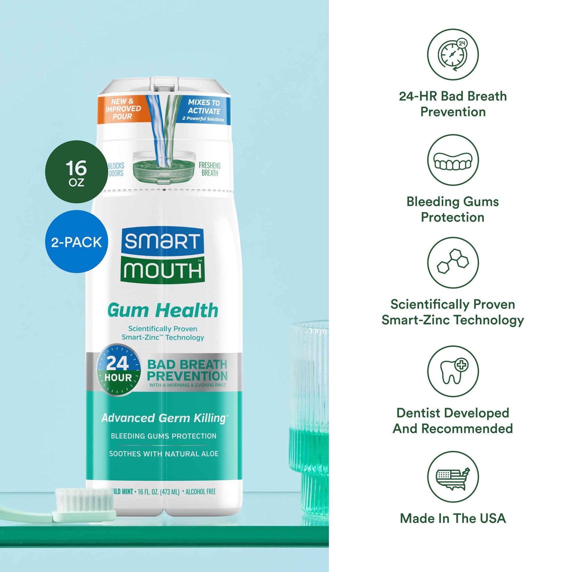 SmartMouth Gum Health Zinc Activated Breath Rinse 16oz, 2 Pack
