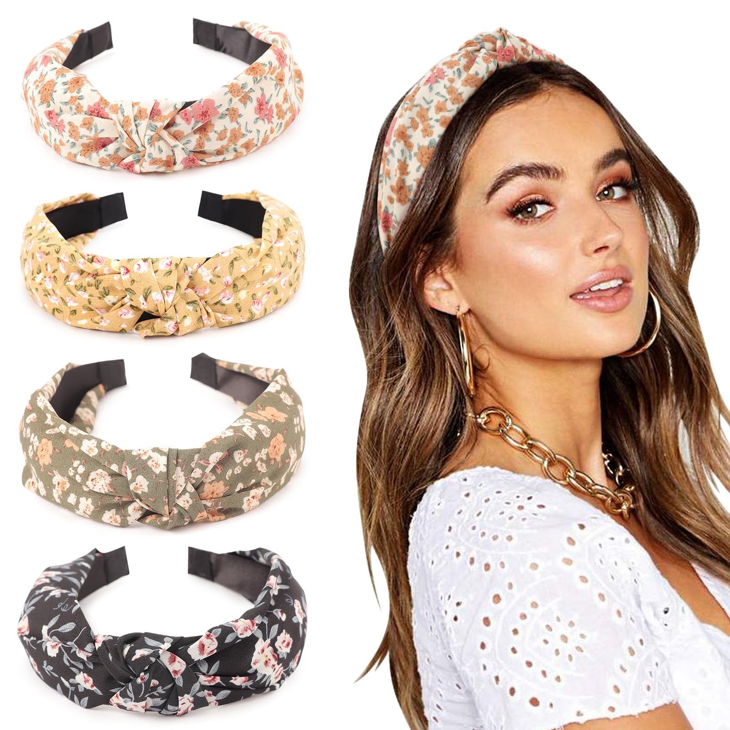 DRESHOW Headbands for Women and Girls Flower Printed Knotted Plastic Head Band Fashion Boho Wide Hairbands Non Slip Hair Accessories 4 Pcs