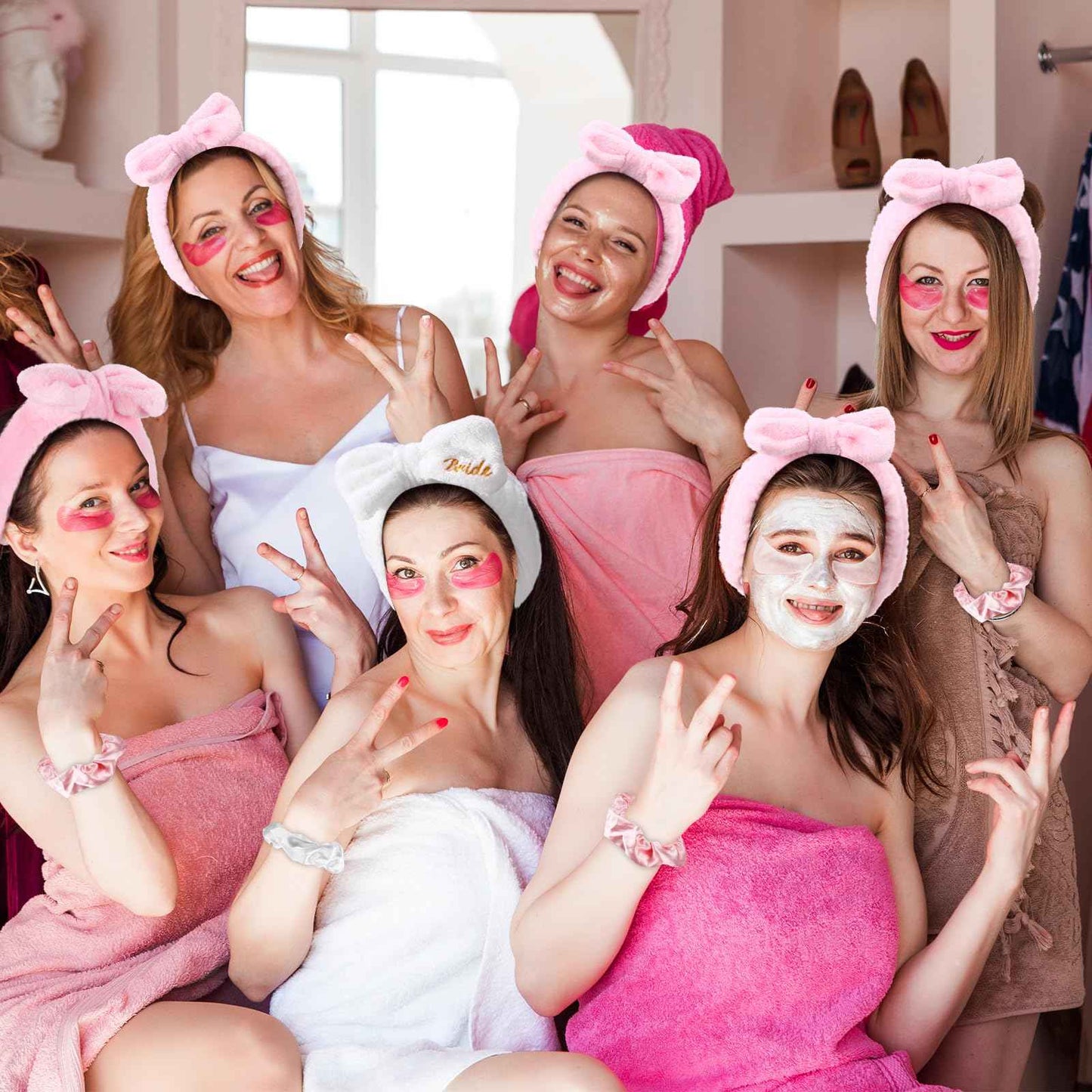 Wavyknot 40 Pcs Bachelorette Favor Set Include Headband Scrunchies Hair Claw Clips Hairbrush and Makeup Bag for Bridal Shower Party Gifts Bridesmaid Wedding Supplies (White and Pink)