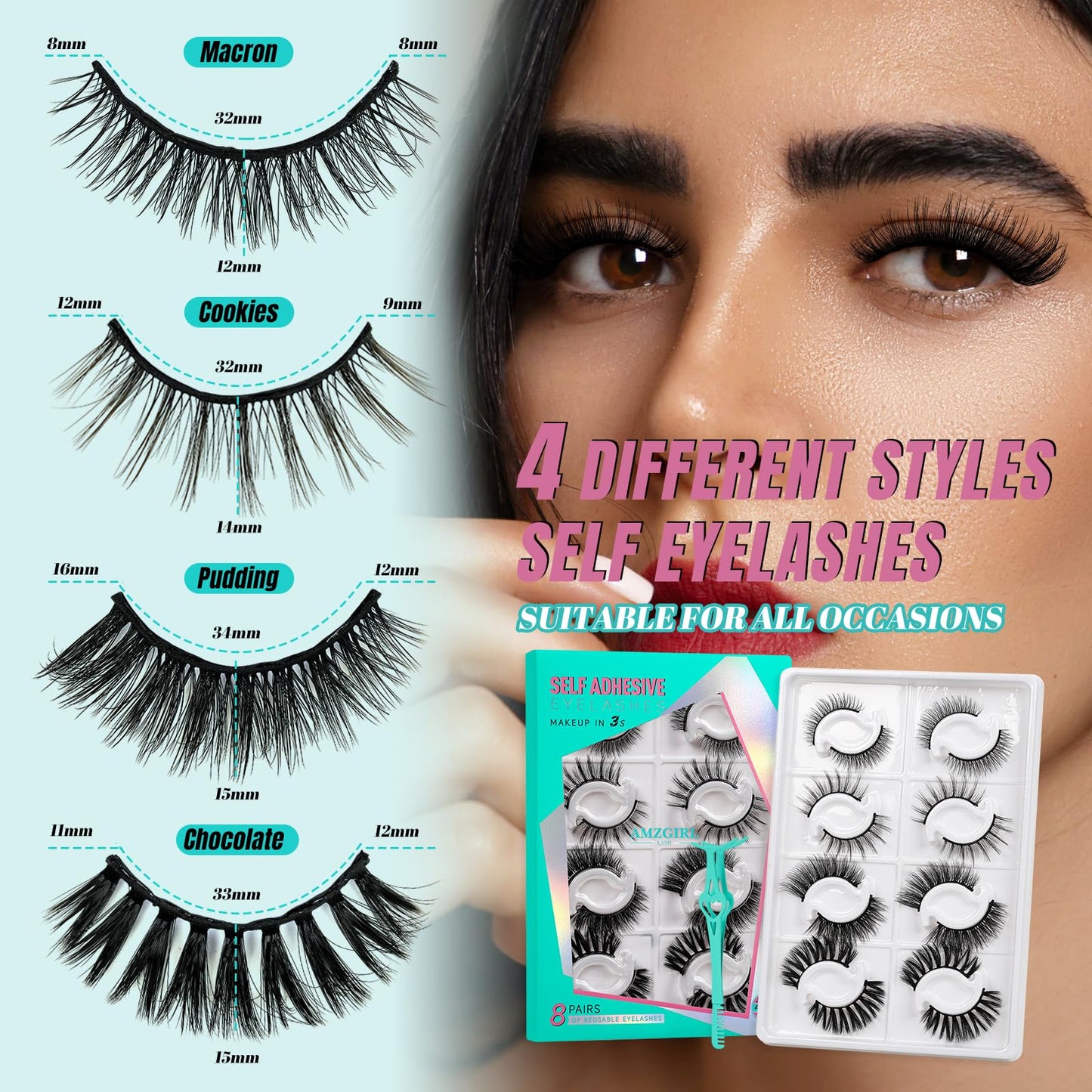 Self Adhesive Eyelashes No Glue Needed, Lash Clusters 8 Pairs Reusable Adhesive Eyelashes,Waterproof Wispy Lashes with Tweezer for Lash Extension at Home by AMZGlRL(4 styles D-mix 8-17mm)