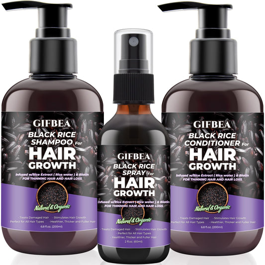 GIFBEA Organic Black Rice Water Shampoo and Conditioner Set for Hair Growth,w/Rosemary Water & Rice Water Spray,Sulfate Free Routine Shampoo and Conditioner for Women Men Hair Loss Thickening Products