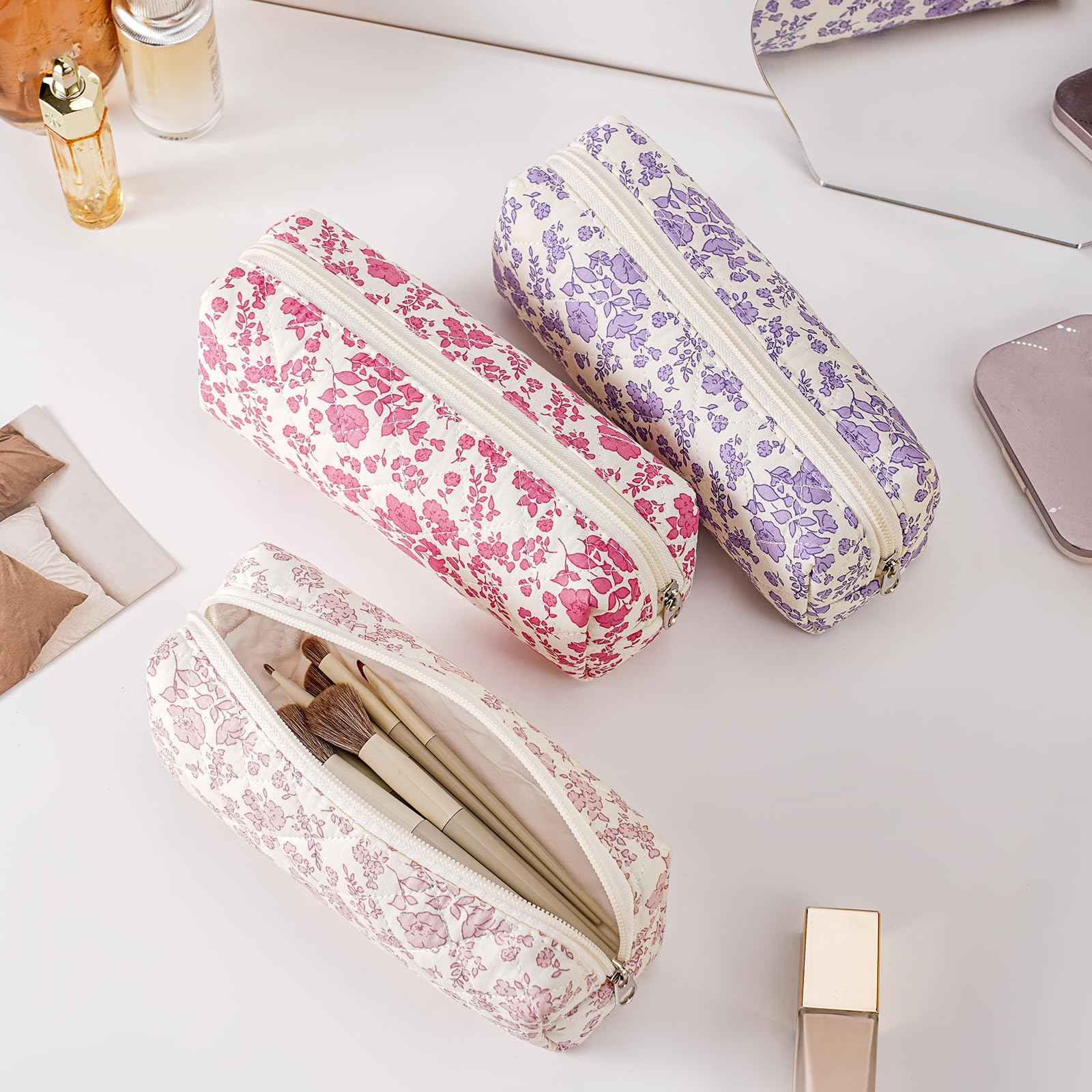 JOVAKIT Small Quilted Makeup Bag Cosmetic Bag for Women, Floral Coquette Cotton Square Travel Makeup Case Zipper Make Up Pouch, Kawaii Travel Storage Organizer Case (Blue Floral)