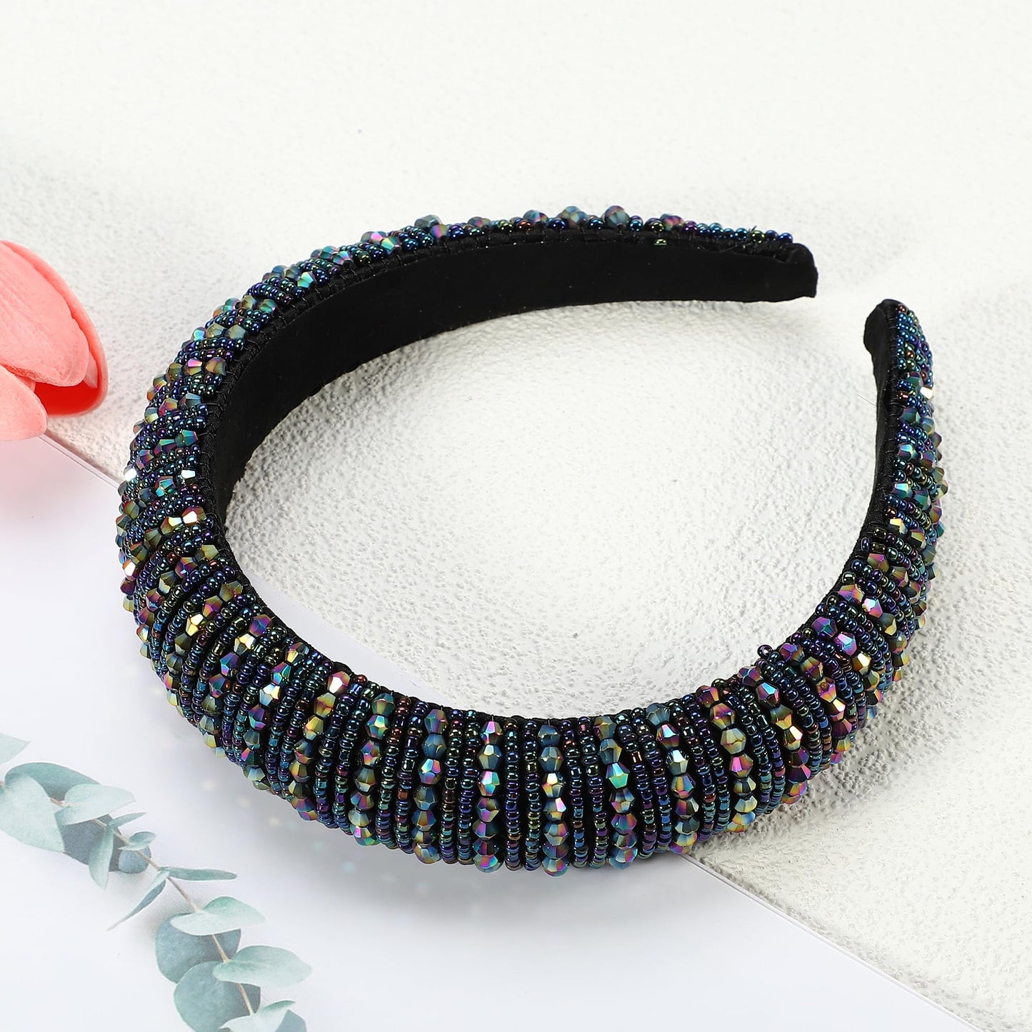 VOCOSTE Rhinestone Headbands, Crystal Embellished Headband, Diamond Bling Headbands, Handmade Dark Blue Headband, Thick Padded Headband, Sparkle Hairband, Hair Accessories for Women