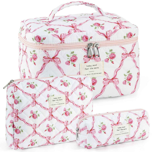 UUYUUY Makeup Bag for Women 3PCS Quilted Cotton Make Up Bag Travel Cosmetic Bag Large Makeup Bag Set Cute Bow Makeups Organizer Floral Toiletry Pouch for Purse, Pink