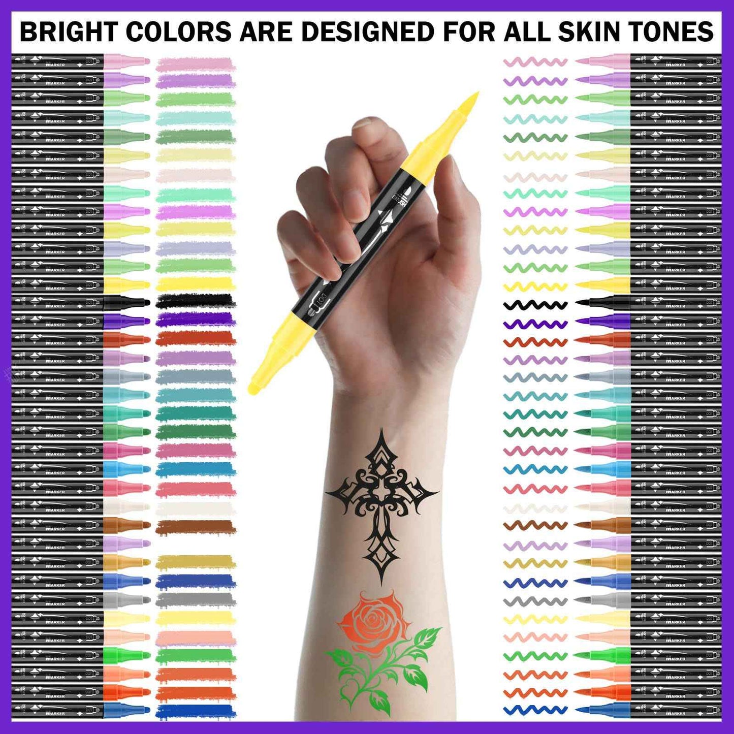 Ponhey Temporary Tattoo Markers for Skin, 36 Body Markers+67 Large Tattoo Stencils,Dual-End Tattoo Pens,Fine Lines with Cosmetic-Grade,Flexible, Skin-Safe Face Paint Kit for Kids Teenage Adults