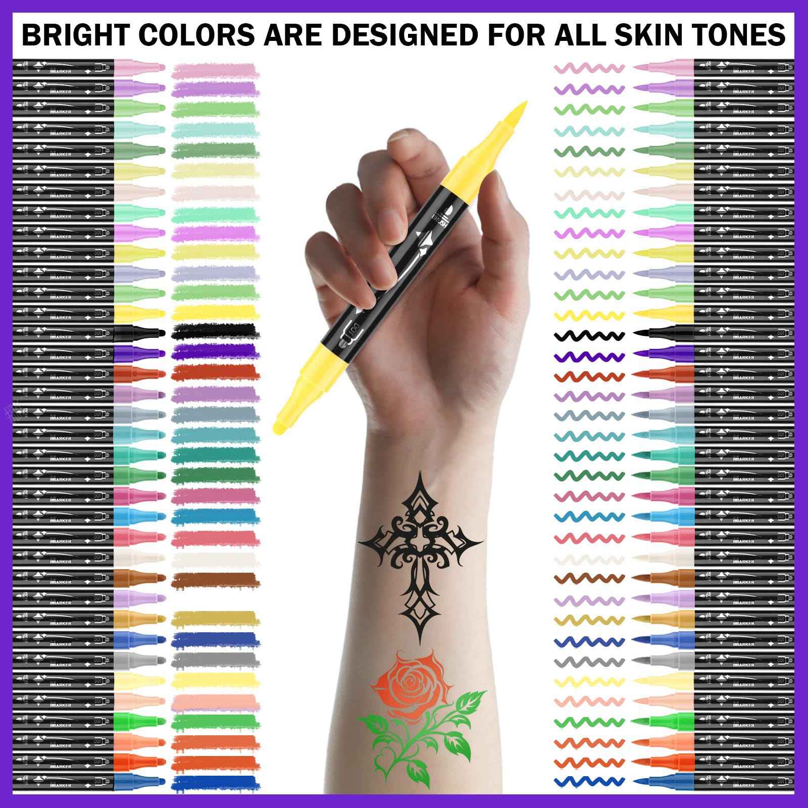 Ponhey Temporary Tattoo Markers for Skin, 36 Body Markers+67 Large Tattoo Stencils,Dual-End Tattoo Pens,Fine Lines with Cosmetic-Grade,Flexible, Skin-Safe Face Paint Kit for Kids Teenage Adults