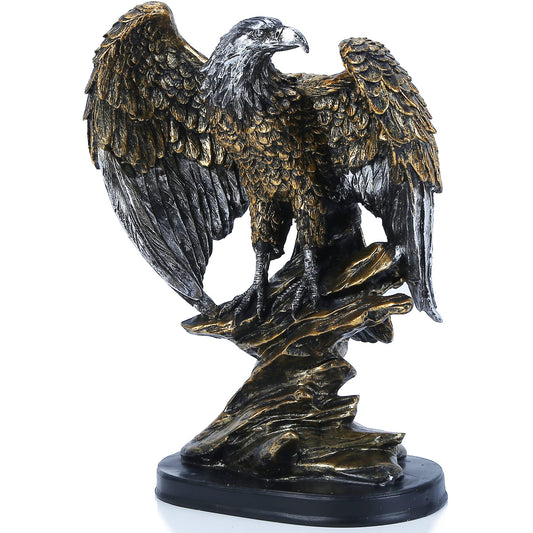 H&W 10.25" Tall Patriotic Eagle On Rocks Statue Wild Bird Eagle Decorative Bronze Patina Resin Figurine