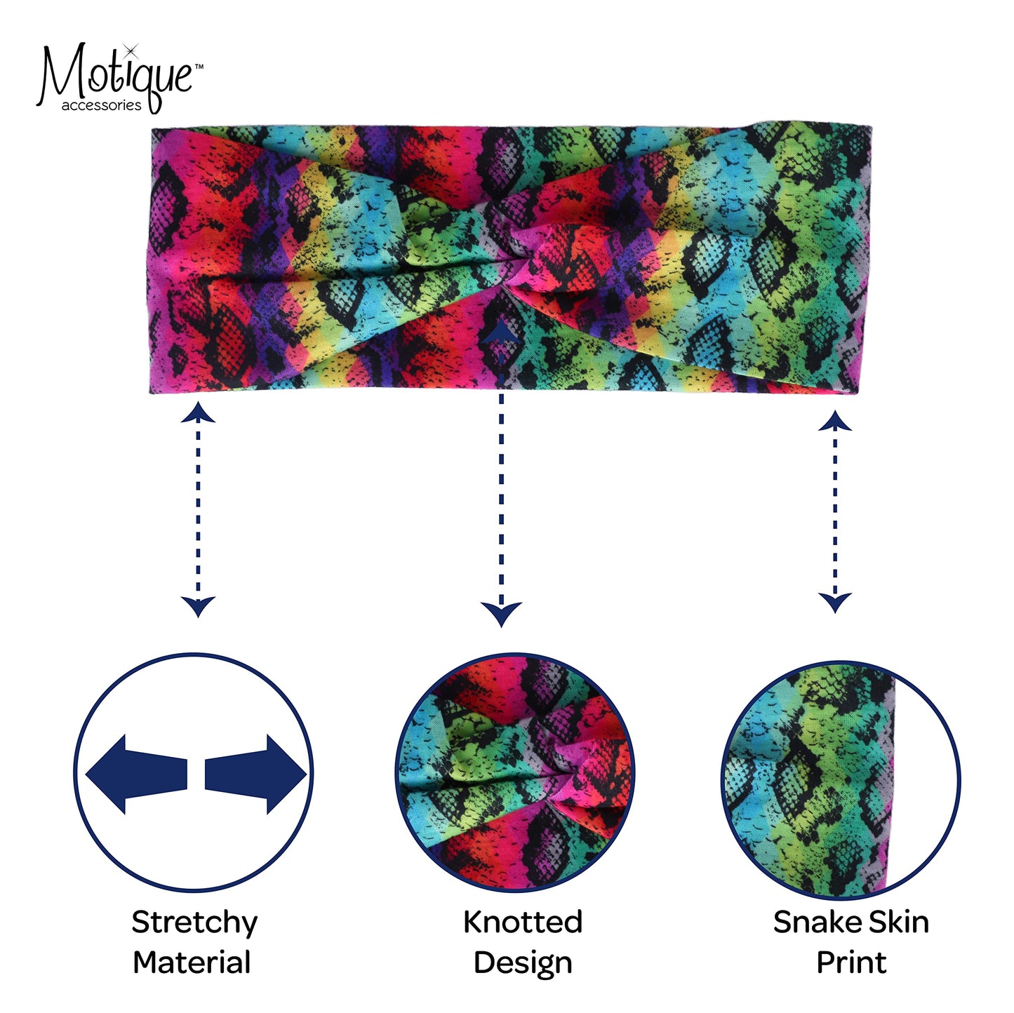 Motique Accessories ﻿Knotted Headwrap with Colorful Snake Print For Women and Girls - Green Rainbow