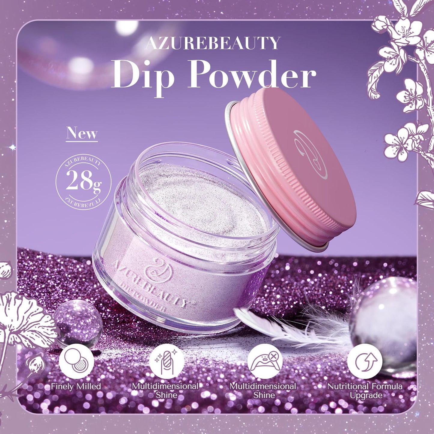 AZUREBEAUTY Glitter Purple Nail Dip Powder Colors 28 g/1oz Dipping Powder 2X Shining French Art Starter Manicure Beginner DIY Salon Home Gift Long Lasting Dip Nail Powder