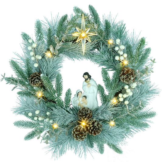 YULETIME 20" Pre-Lit Nativity Wreath, Battery Operated with 10 Fairy Lights, Holy Family Nativity Statue, Star of Bethlehem, Pine Cones, White Mistletoe, Frosted Spruce Branches (Nativity Frosted)