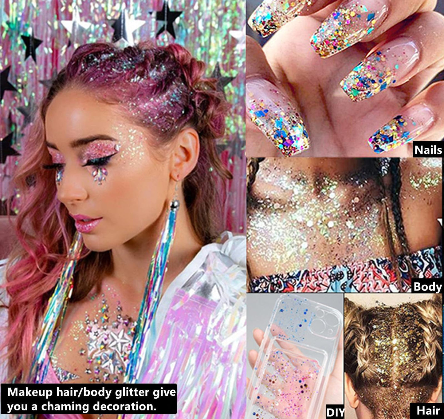 Go Ho Christmas Body and Face Glitter,Mermaid Glitter Face Paint,Holographic Long Lasting Chunky Sequins Glitters,Reflective Glitter Makeup,Festival Rave Accessories