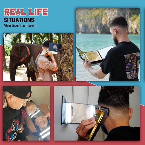 The 360 Mirror - 3 Way Mirror for Self Hair Cutting - Adjutable Trifold Barber Mirror to Cut Your Own Hair - Tri Fold Self Haircut System - Three Sided Mirror for Haircuts (Black - Mini LED version)