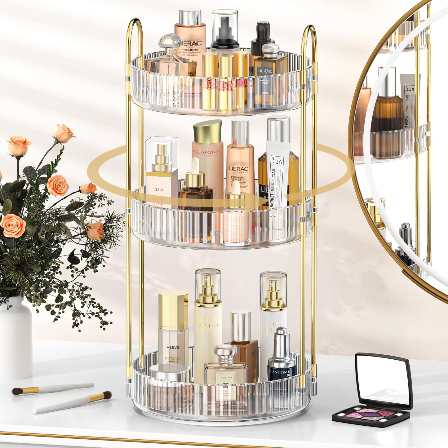 MOKANI 360 Rotating Makeup Organizer for Vanity, 3 Tier Adjustable Perfume Organizer for Dresser, Multi-Function Spinning Cosmetics Skincare Organizer for Bedroom, Dresser, Countertop, Clear