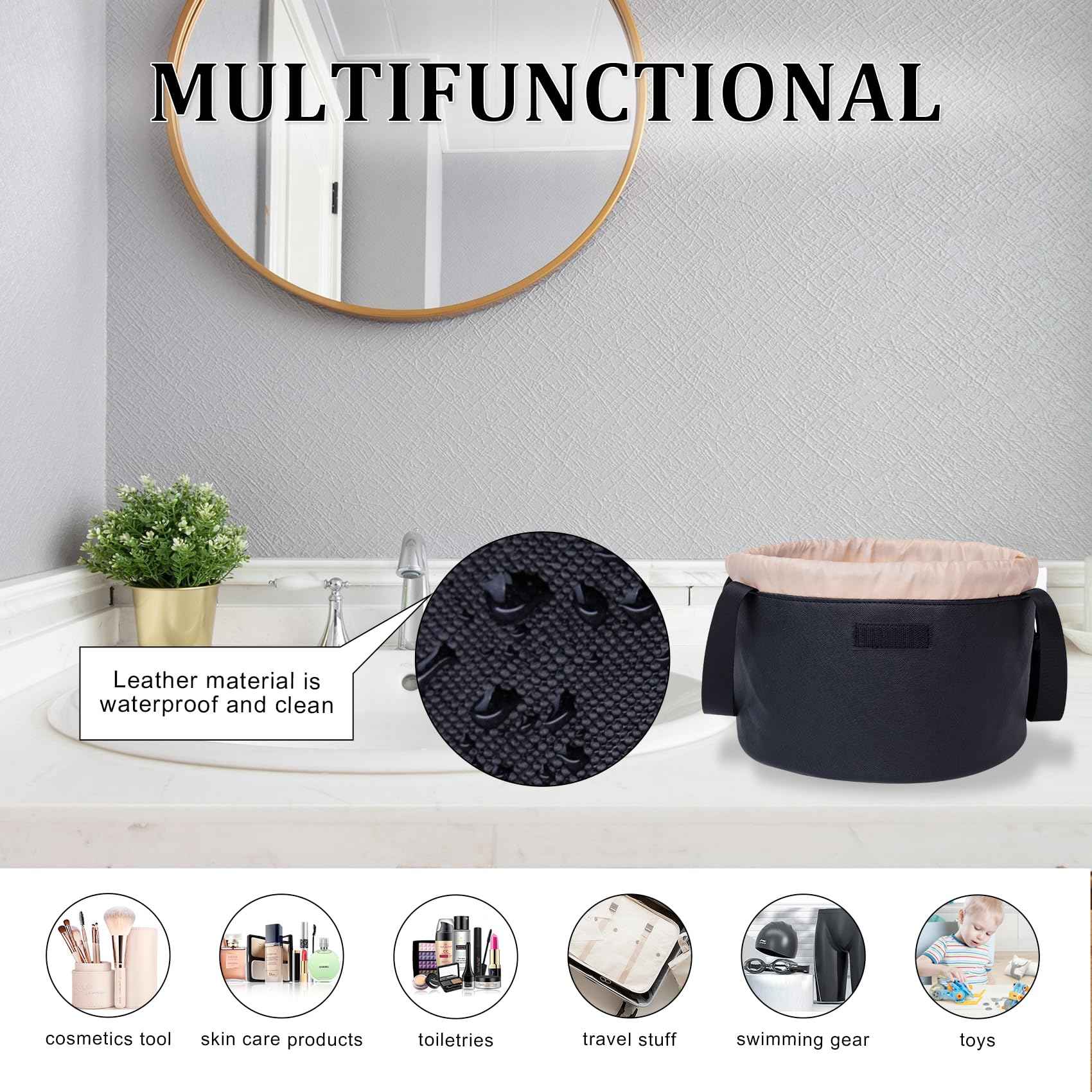 FANGENKE Large Drawstring Makeup Organizer,Lay Barrel Makeup Bag Leather Cosmetic Bag Toiletry Bag for Travel,Portable Waterproof Make Up Bags for Women Brush Toiletries Accessories (Black Large)