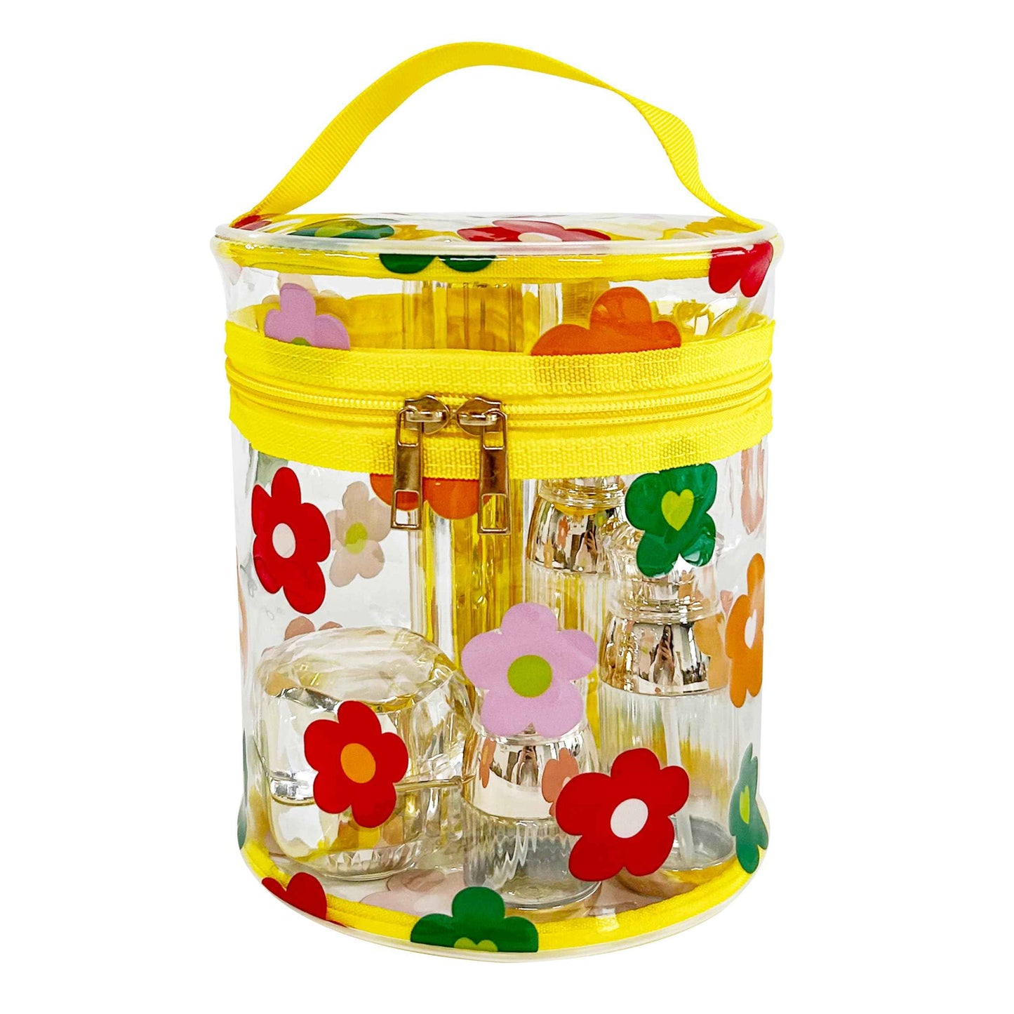 TotePrint Printed Flowers Clear Cylinder Travel Makeup Bag,Portable Waterproof Pouch with Handle Ideal for Women and Girl (D2064-3)