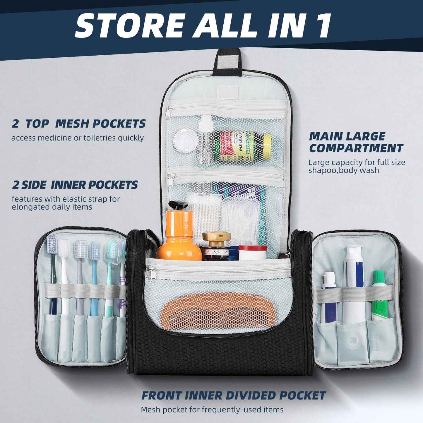 Buruis Large Capacity Toiletry Bag for Women and Men, Hanging Toiletry Organizer Cosmetics Makeup Bag, Water-resistant Dopp Kit Shaving Bags for Full Sized Toiletries, Travel Essentials (Black)