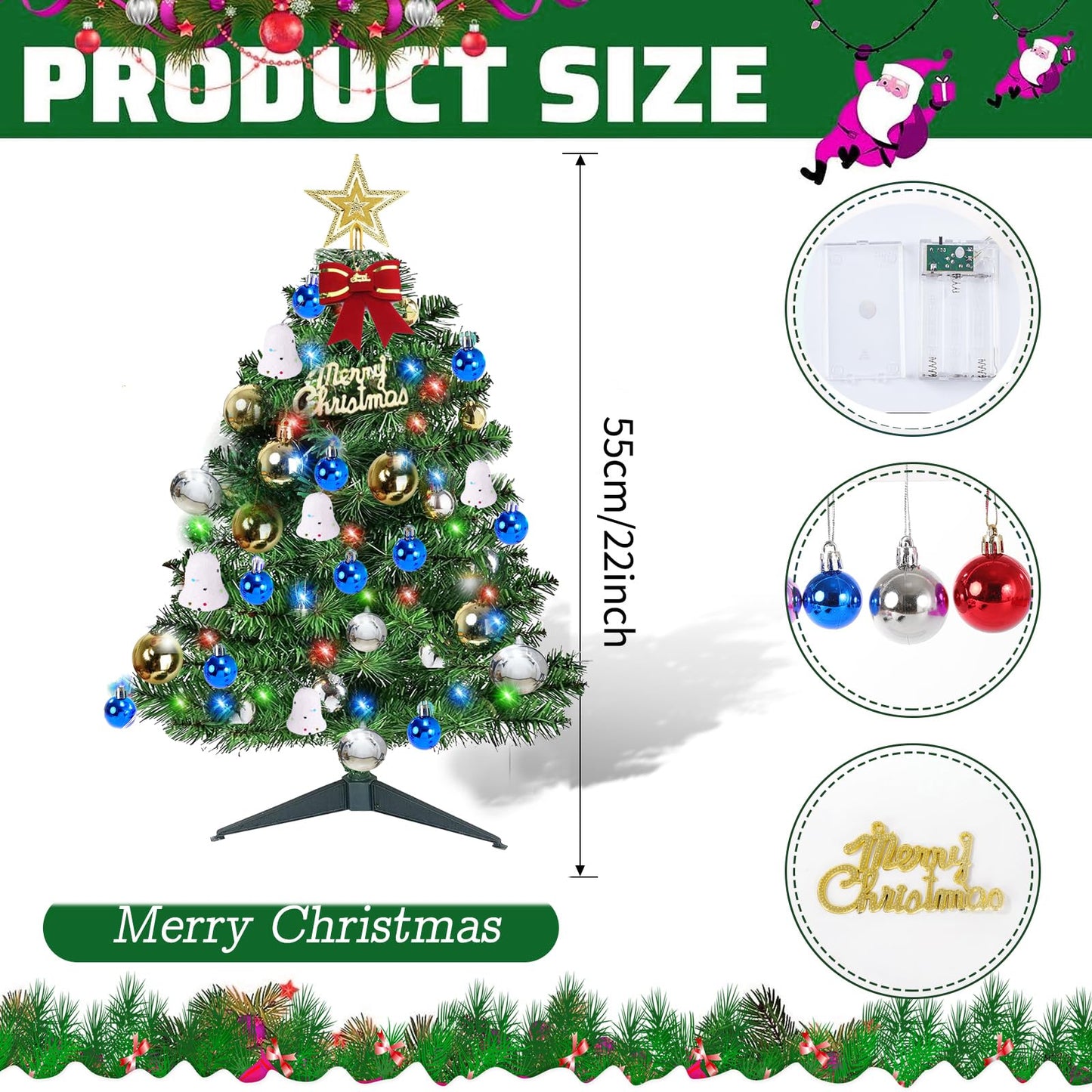 2Ft Artificial Christmas Tree with Lights,Tabletop Christmas Tree, Mini Christmas Tree with Gift Boxes for DIY Christmas Decorations(Bells, Christmas Balls,Star) Xmas Home Party Decor