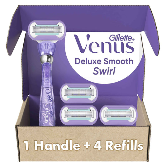 Gillette Venus Deluxe Smooth Swirl Women's Razor Handle + 4 Blade Refills, Flexible Handle and Pivoting Head, Holiday Gifts for Women