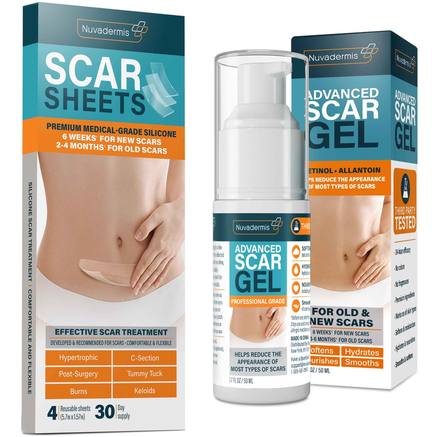NUVADERMIS Silicone Scar Sheets & Scar Cream Gel - C-Section, Tummy Tuck, Keloid, Acne Removal Treatment - Advanced Post Surgery Supplies - Scars Removal Treatment