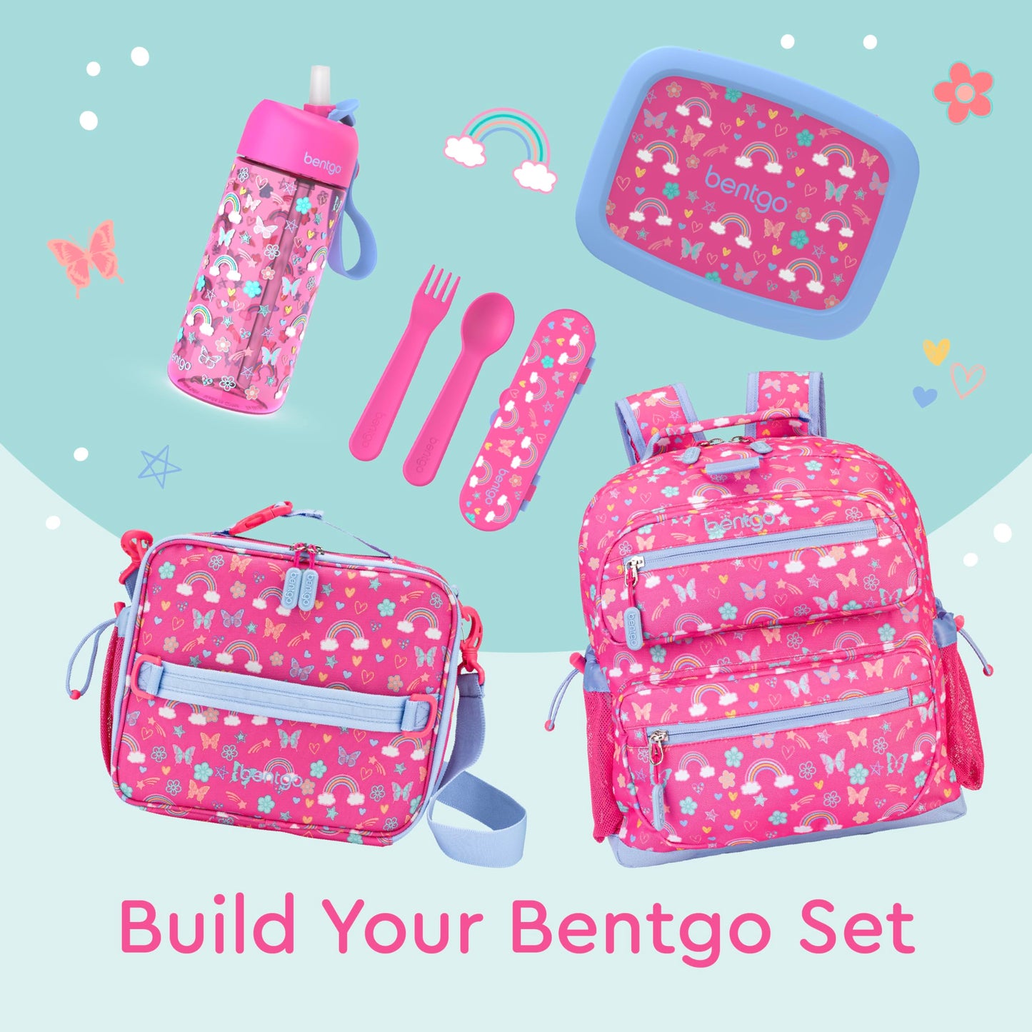 Bentgo Kids Lunch Bag - Durable, Double-Insulated Lunch Bag for Kids 3+; Holds Lunch Box, Water Bottle, & Snacks; Easy-Clean Water-Resistant Fabric & Multiple Zip Pockets (Rainbows & Butterflies)