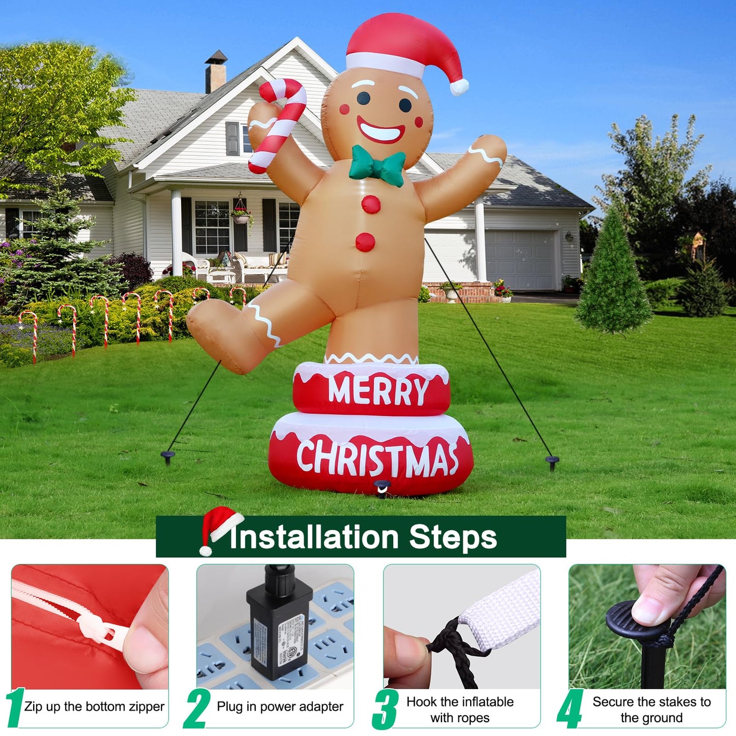 Thanger 5 FT Christmas Inflatable Outdoor Decorations Gingerbread Man with Xmas Hat, Blow up Gingerbread Man with Cane Candy, Built-in LED Lights for Lawn Yard Garden Holiday Indoor Home Party Decor