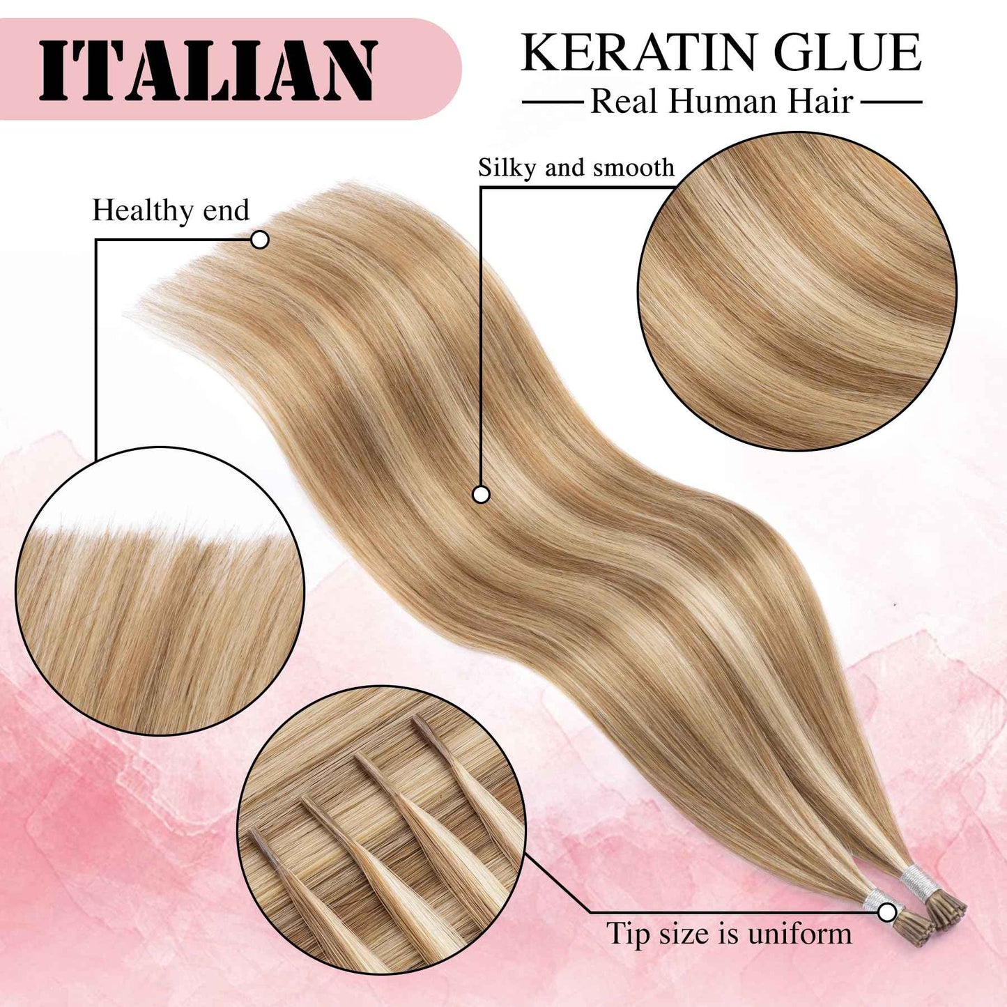 Blonde I Tip Hair Extensions 14inch Camel Brown mix with Blonde I Tip Extensions Human Hair 45g Remy Itip Human Hair Extensions Blond Human Hair Itip Extensions For Girl