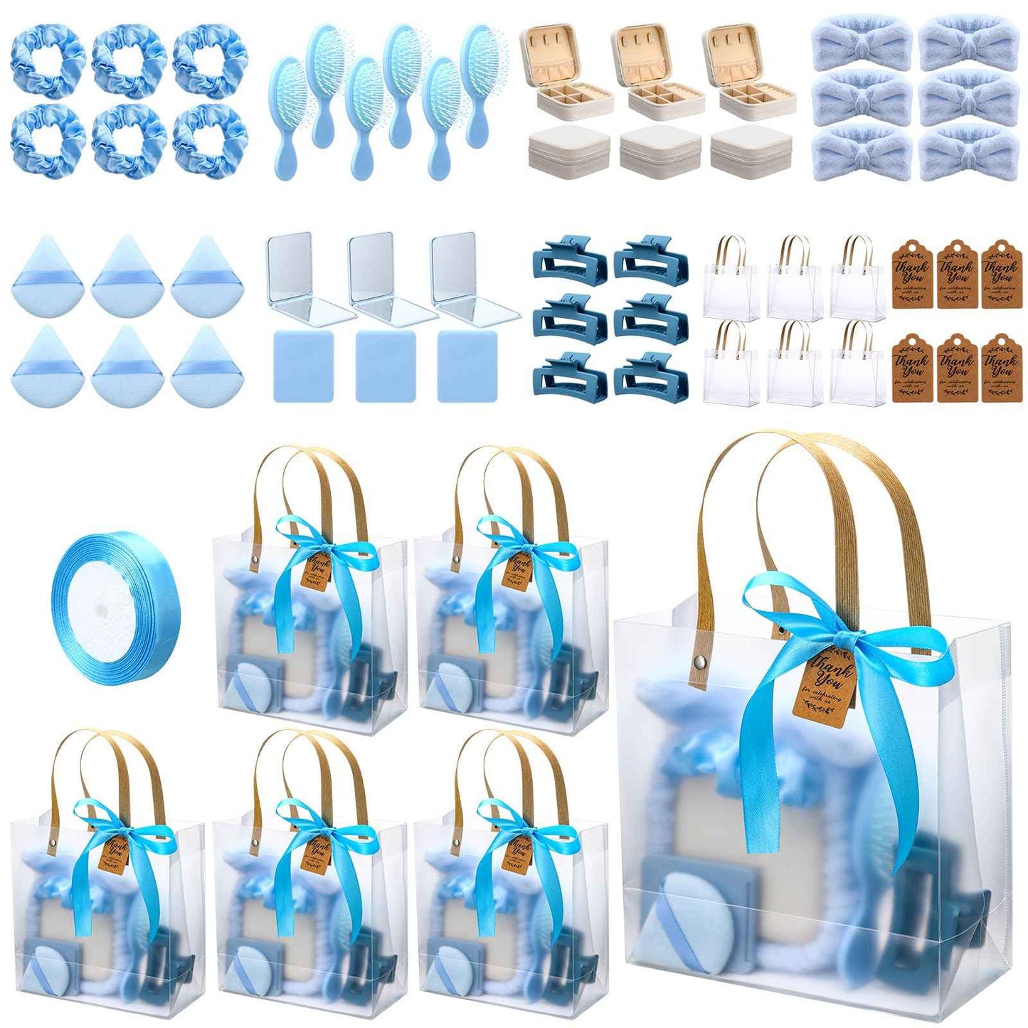 Knitgrip 55 Pcs Baby Shower Prizes for Winners Prizes Gifts Including Headband Hair Brush Jewelry Box Compact Mirror Powder Puff Hair Tie Claw Gift Bag for Baby Wedding Bridal Shower(Blue)