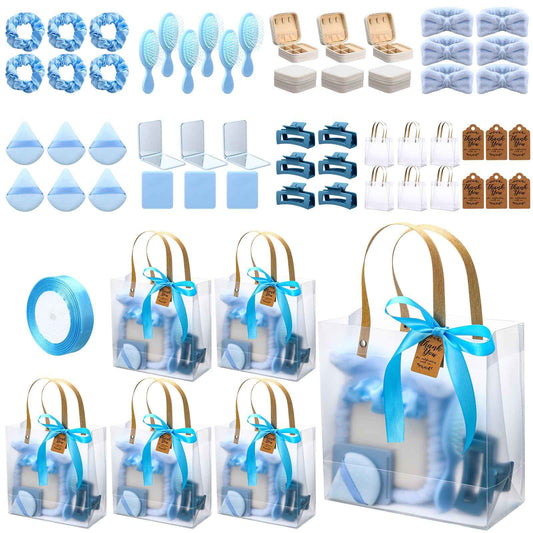 Knitgrip 55 Pcs Baby Shower Prizes for Winners Prizes Gifts Including Headband Hair Brush Jewelry Box Compact Mirror Powder Puff Hair Tie Claw Gift Bag for Baby Wedding Bridal Shower(Blue)