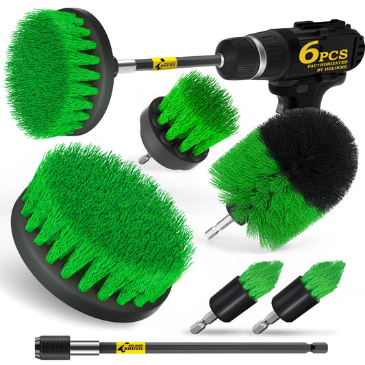 Holikme 6Pack Drill Brush Power Scrubber Cleaning Brush Extended Long Attachment Set All Purpose Drill Scrub Brushes Kit for Grout, Floor, Tub, Shower, Tile, Bathroom，Scrub Brush Green