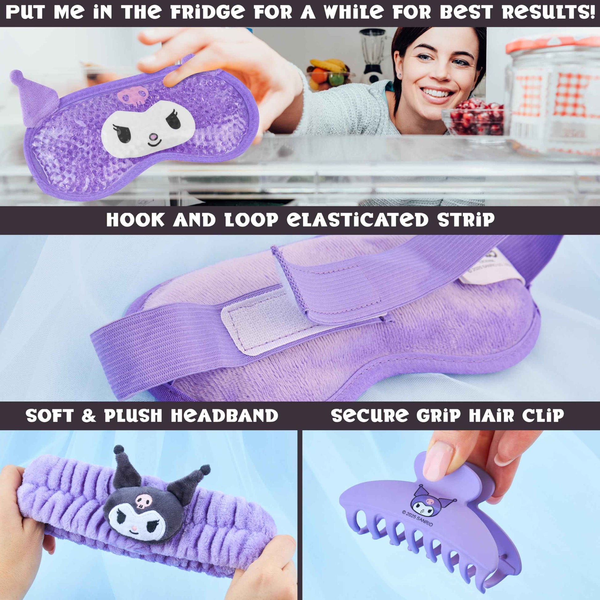 Hello Kitty Sanrio Kuromi Beauty Set for Women, Teens with Cooling Gel Eye Mask, Plush Skincare Headband, Claw Clip, Eye Pads, Kawaii Gifts for Women (Purple Kuromi)