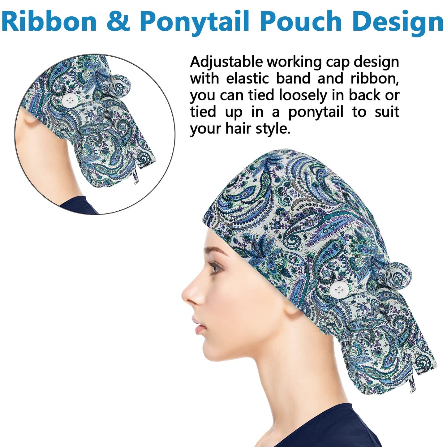 Adjustable Working Caps with Button & Sweatband, Women Ponytail Pouch Hats, Long Hair (Blue Leaf)