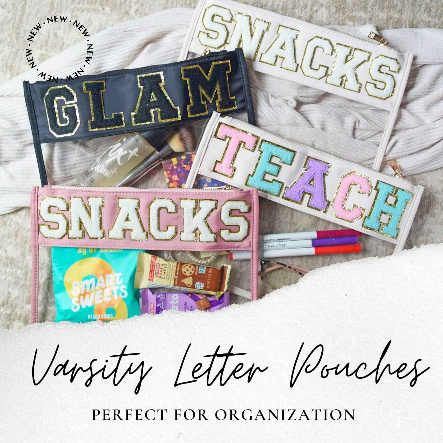 Snack Pouch with Chenille Letters, Snacks Bag for Travel Makeup Bag Cosmetic Pouch Varsity Letter Patches, Vacation Essentials
