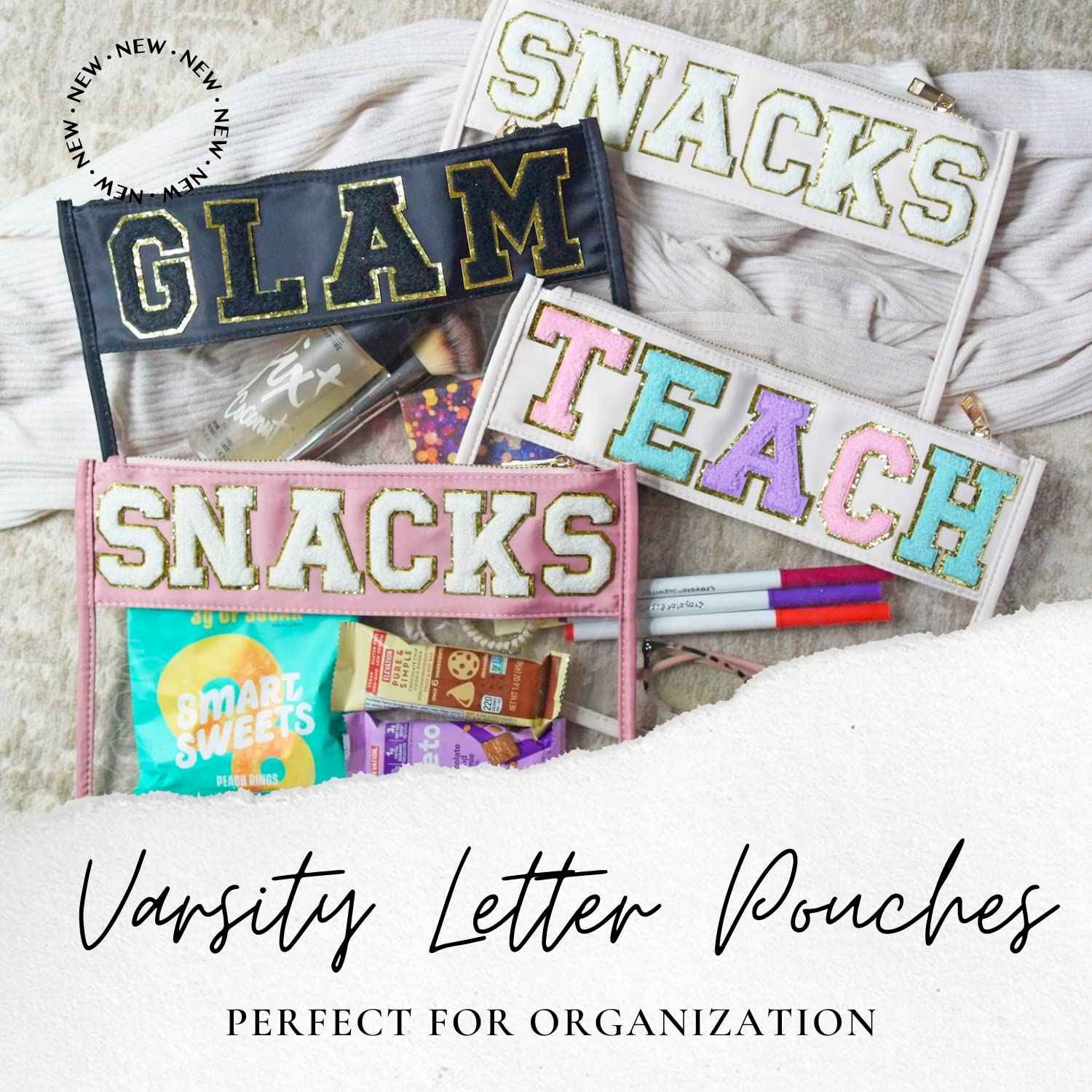 Snack Pouch with Chenille Letters, Snacks Bag for Travel Makeup Bag Cosmetic Pouch Varsity Letter Patches, Vacation Essentials