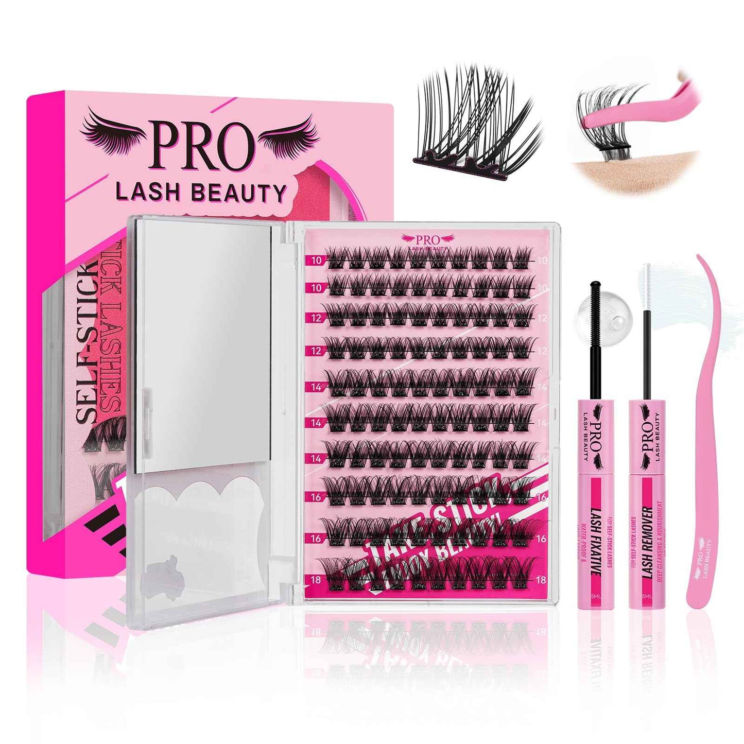 PRO Self Adhesive Eyelashes Kit Press On Lashes 120pcs Lash Clusters Lash Fixative Lash Remover Lash Applicator Eyelash Extension Kit Easy To Apply At Home Lash Extension Kit (Begonia,D-10-18mix Kit)