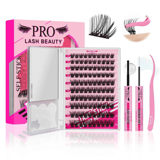 PRO Self Adhesive Eyelashes Kit Press On Lashes 120pcs Lash Clusters Lash Fixative Lash Remover Lash Applicator Eyelash Extension Kit Easy To Apply At Home Lash Extension Kit (Begonia,D-10-18mix Kit)