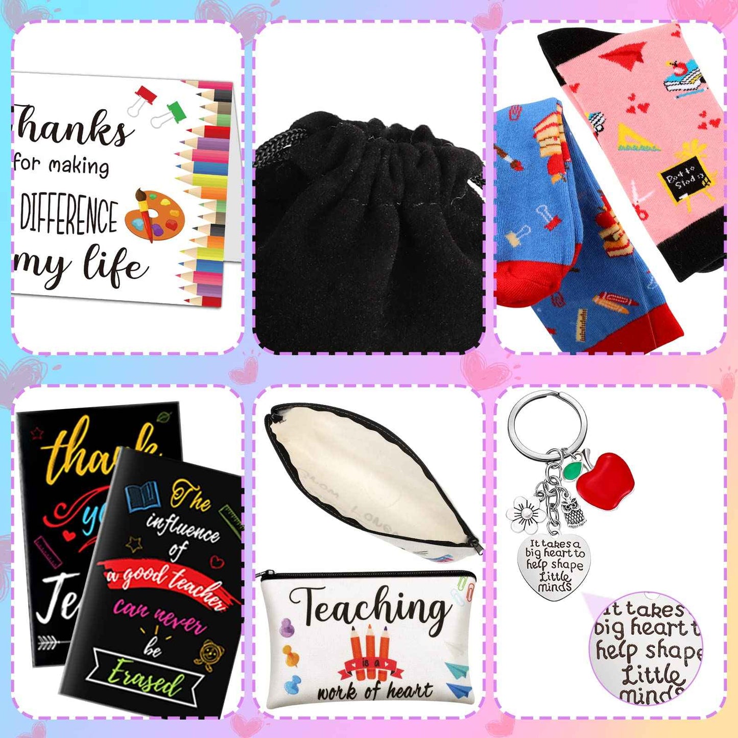 Eaasty 36 Sets Teacher Appreciation Gifts Bulk Makeup Pouch Cosmetic Pencil Bag Keychains Inspirational Notebooks Cards and Socks for Teacher Appreciation Graduation Gifts
