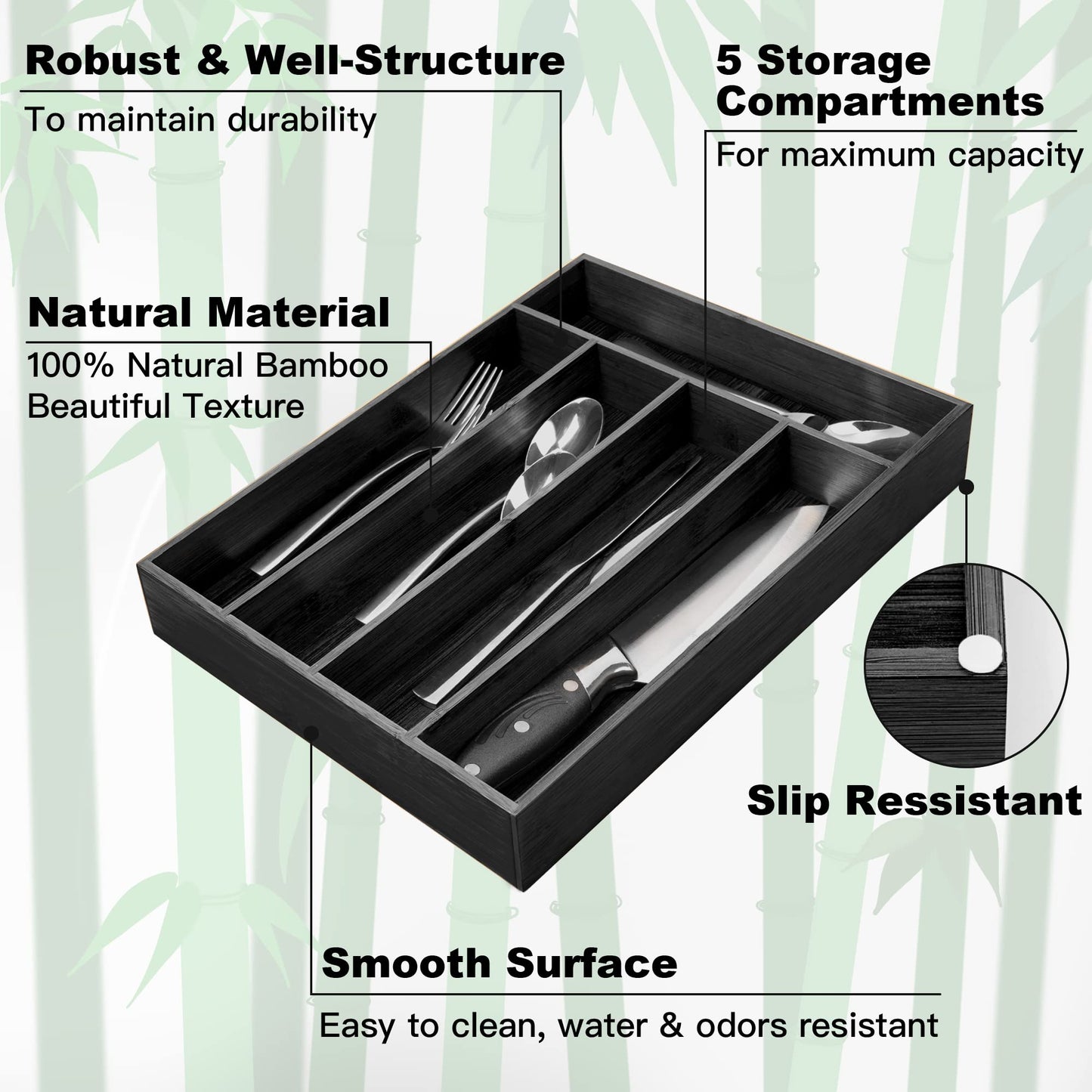 Besilord Silverware Organizer Kitchen Drawer Organizer Utensil Organizer Bamboo Silverware Holder Cutlery Organizer in Drawer Flatware Organizer Tray(5 slots, Black