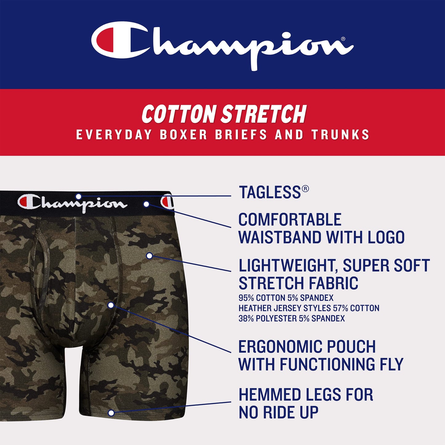 Champion mens Cotton Stretch Boxer Briefs, Black/Oxford Grey Heather/Black Script Logo, Small US