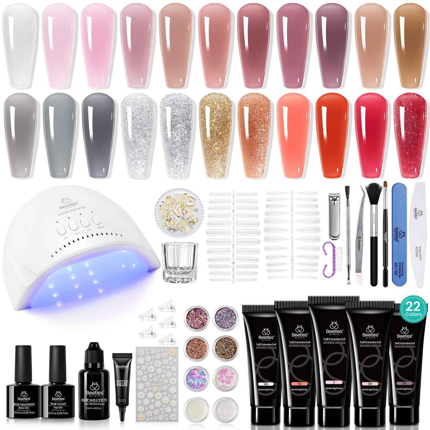 Beetles 22 Colors Poly Extension Gel Nail Kit With U V Lamp Jelly Nude Pink All In One Poly Nail Gel Starter Kit With Base Top Coat Manicure Salon Gift for Women Girls