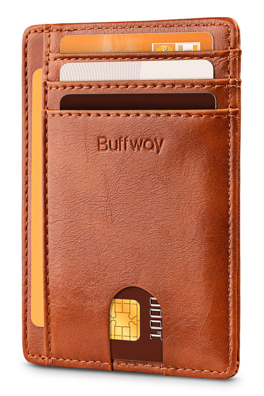 Buffway Slim Minimalist Front Pocket RFID Blocking Leather Wallets for Men and Women - Alaska Brown