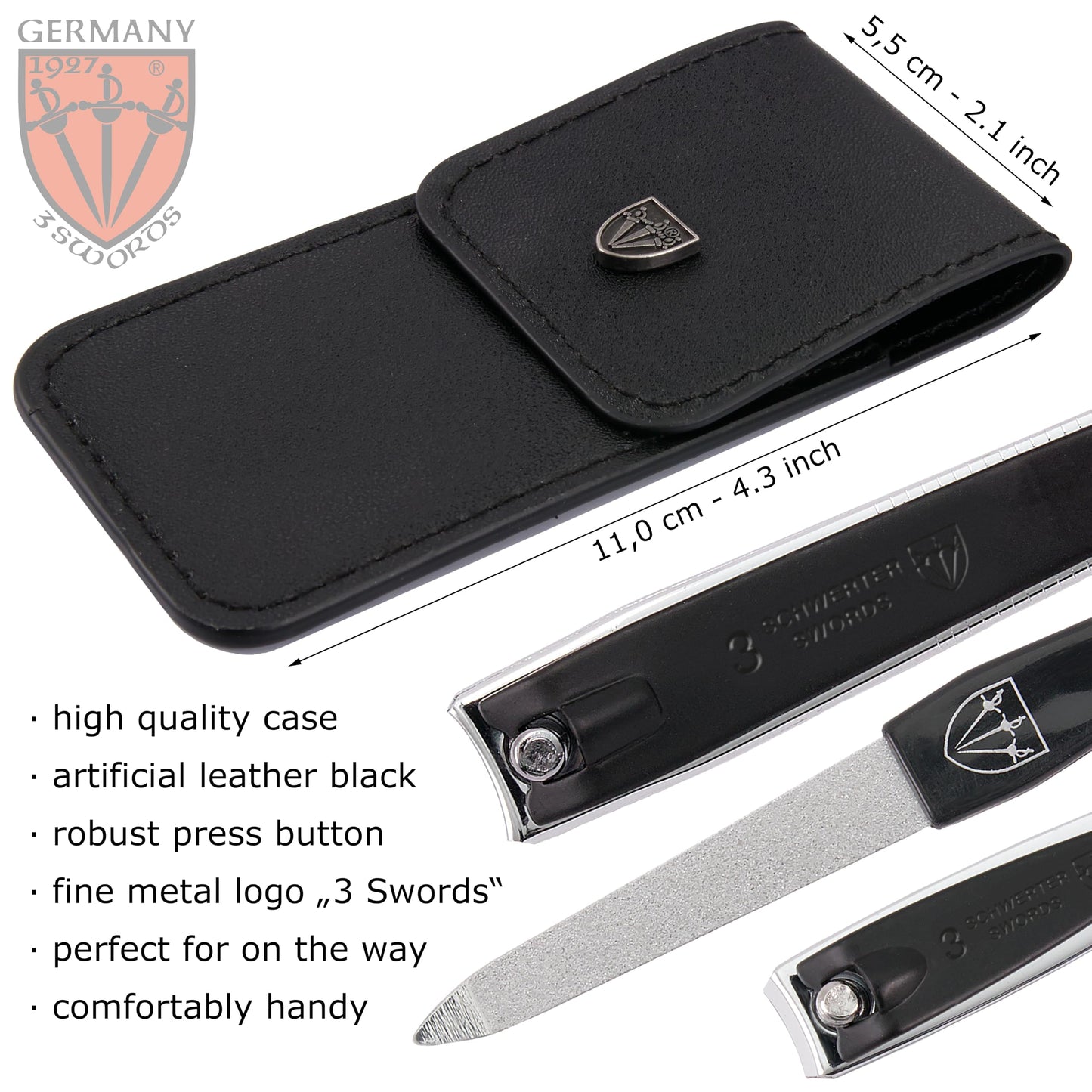 3 Swords Germany – Brand Quality fingernail & toenail Clipper, Manicure, Pedicure Nail Care by with Metal Nail File and case, Black Edition