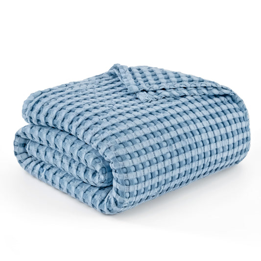 Bedsure Cooling Cotton Waffle Queen Size Blanket - Lightweight Breathable Blanket of Rayon Derived from Bamboo for Hot Sleepers, Luxury Throws for Bed, Couch and Sofa, Teal Blue, 90x90 Inches