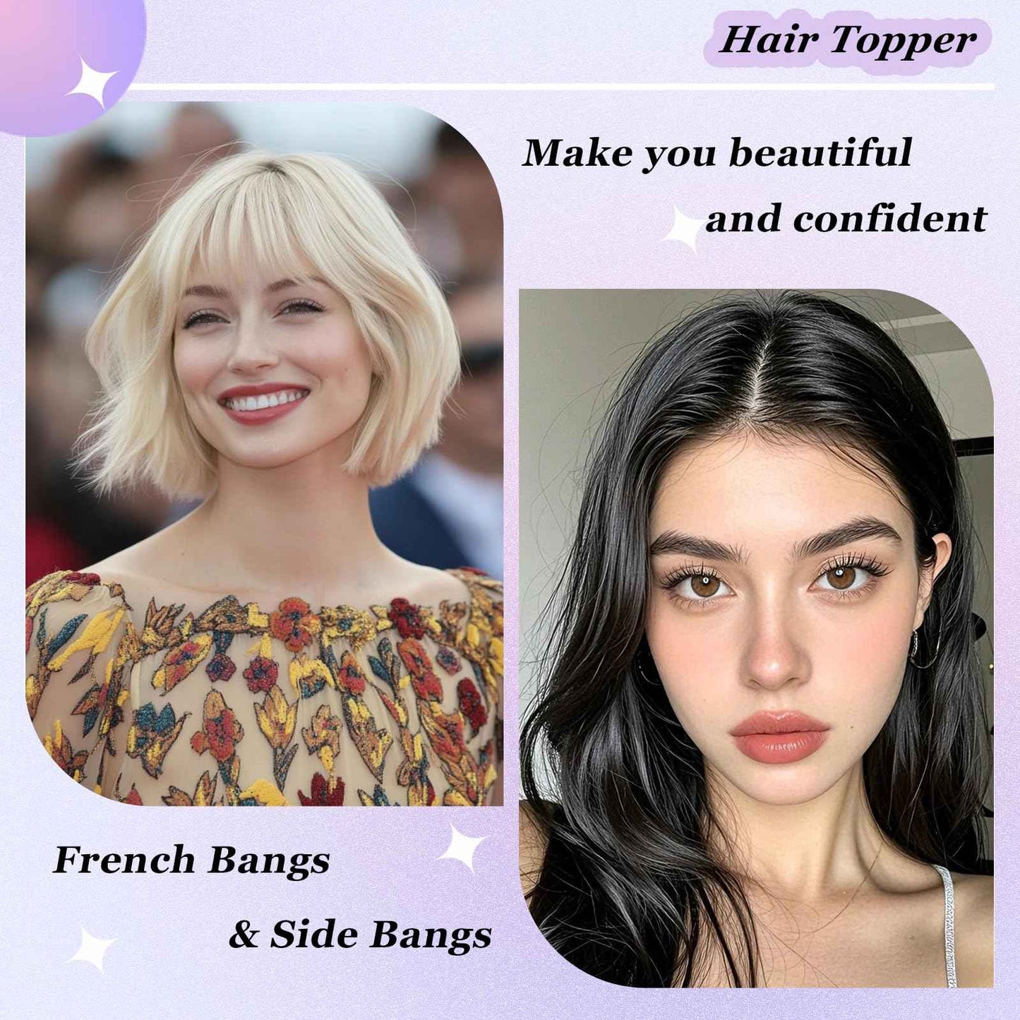 Hair Toppers for Women Real Human Hair， 360° 3D Cover Hair Topper Clip in Bangs 10 Inch Realistic Scalp Pieces for Women with Thinning Crown (Black, Wispy Bangs)